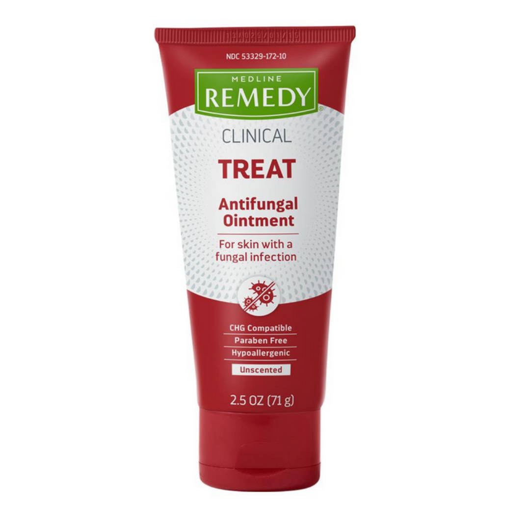 A 2.5 oz tube of Medline Remedy Clinical Antifungal Ointment for skin with fungal infections; features an unscented, paraben-free, hypoallergenic formula with Phytoplex and miconazole nitrate.
